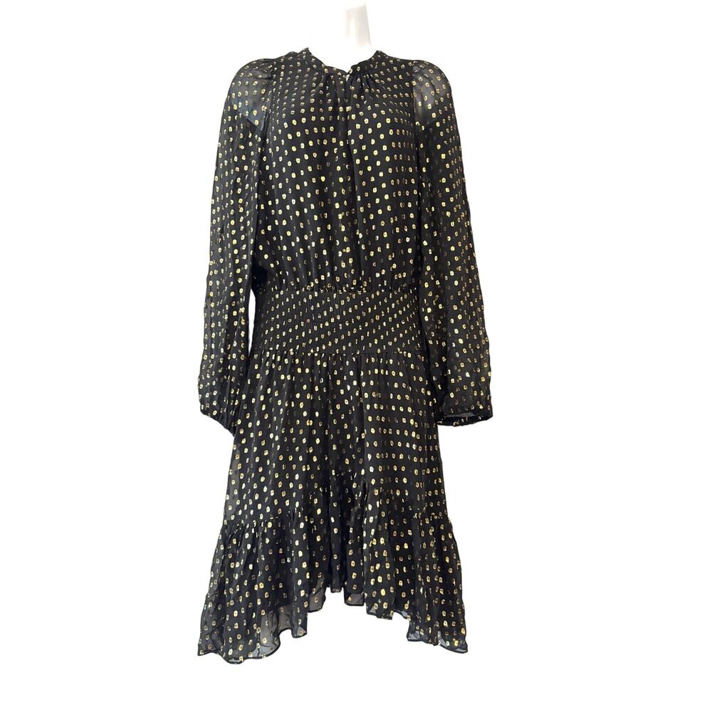 A.L.C. Sidney Gold Swiss Dot Long Sleeve Black Silk Mini Dress 6